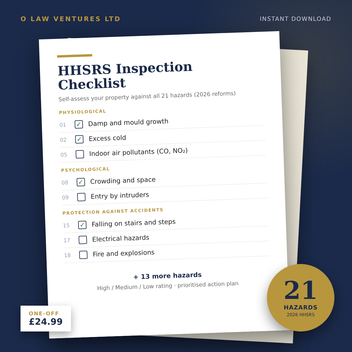 HHSRS Inspection Checklist preview showing 21 hazards including damp and mould, excess cold and fire safety